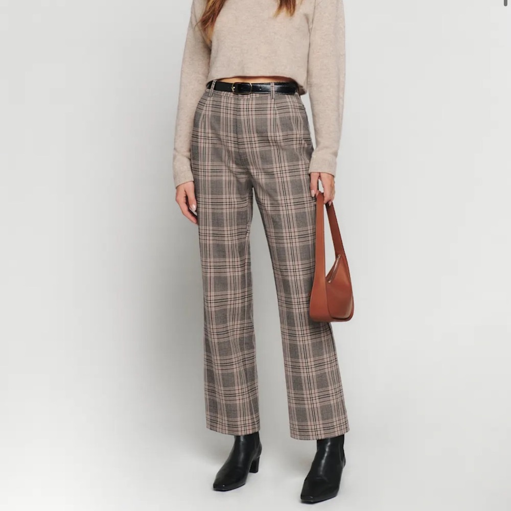 Reformation Petites Franklin Pant Beige Red Tartan - Size 10P